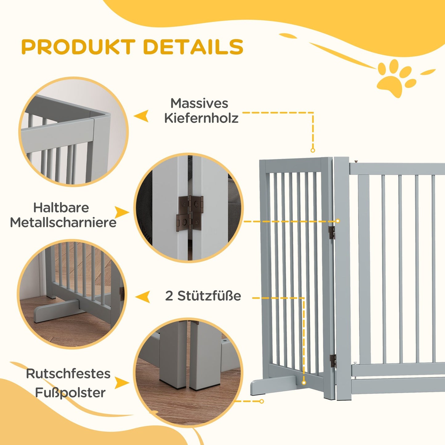 Folding wooden dog gate - 4 panels, 220x91 cm, light grey