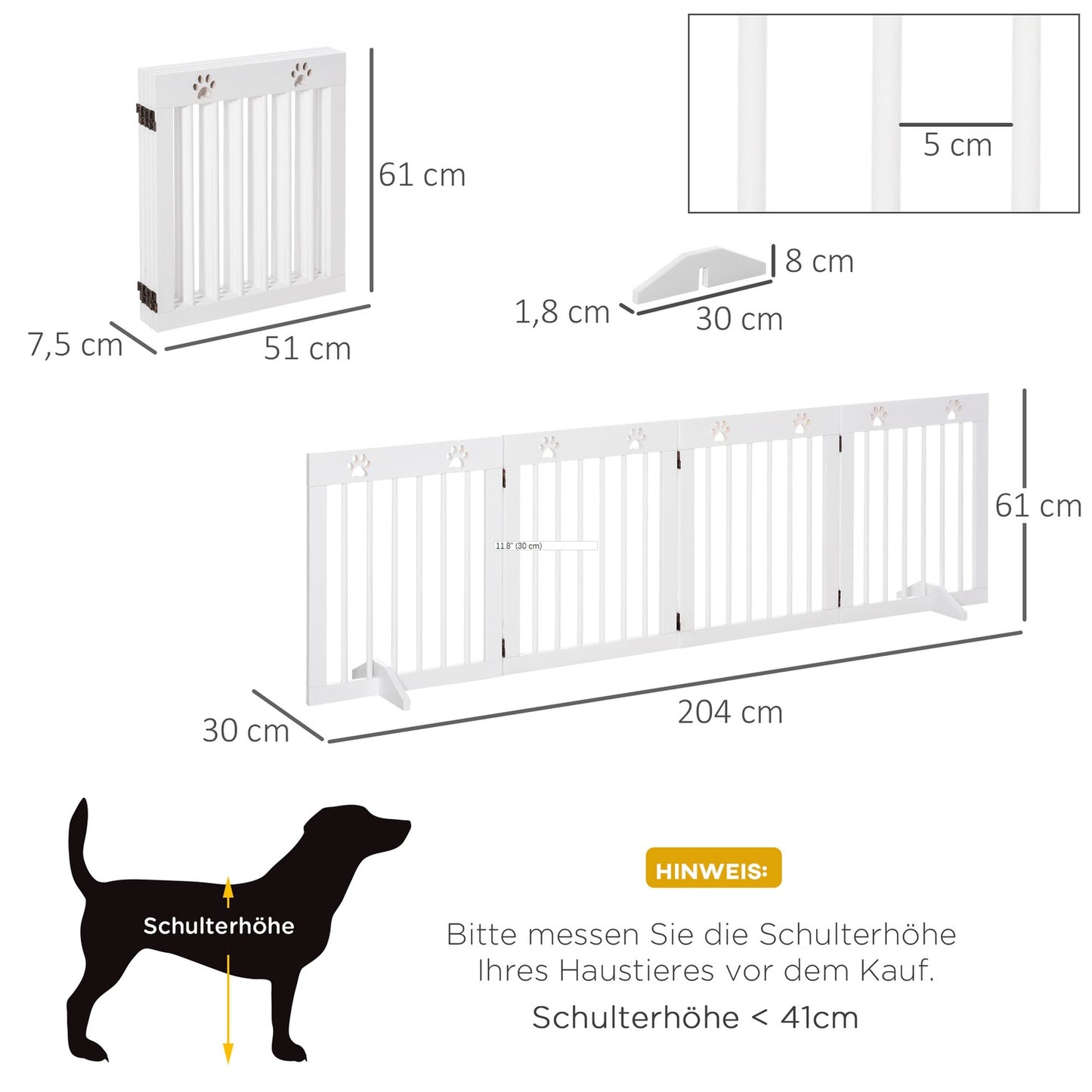 Folding wooden dog gate, 4 parts, 204x61cm, White
