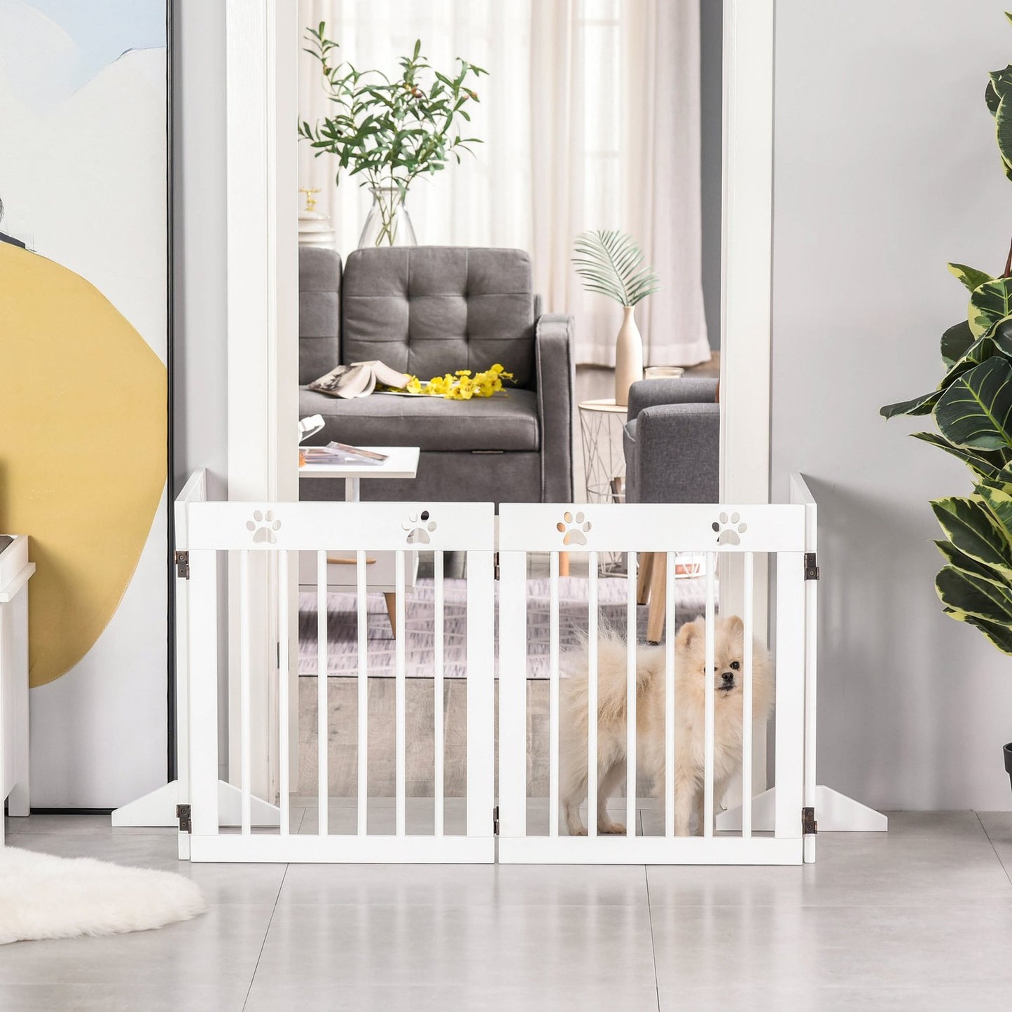 Folding wooden dog gate, 4 parts, 204x61cm, White