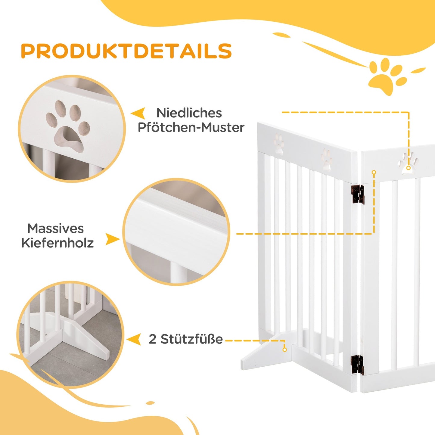 Folding wooden dog gate, 4 parts, 204x61cm, White