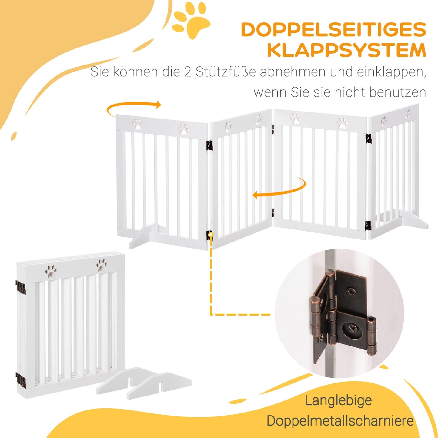 Folding wooden dog gate, 4 parts, 204x61cm, White