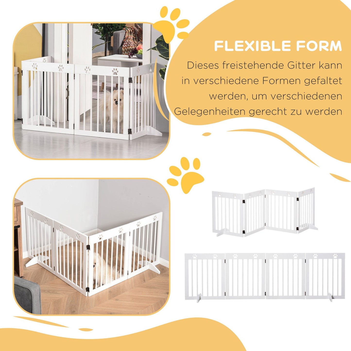 Folding wooden dog gate, 4 parts, 204x61cm, White