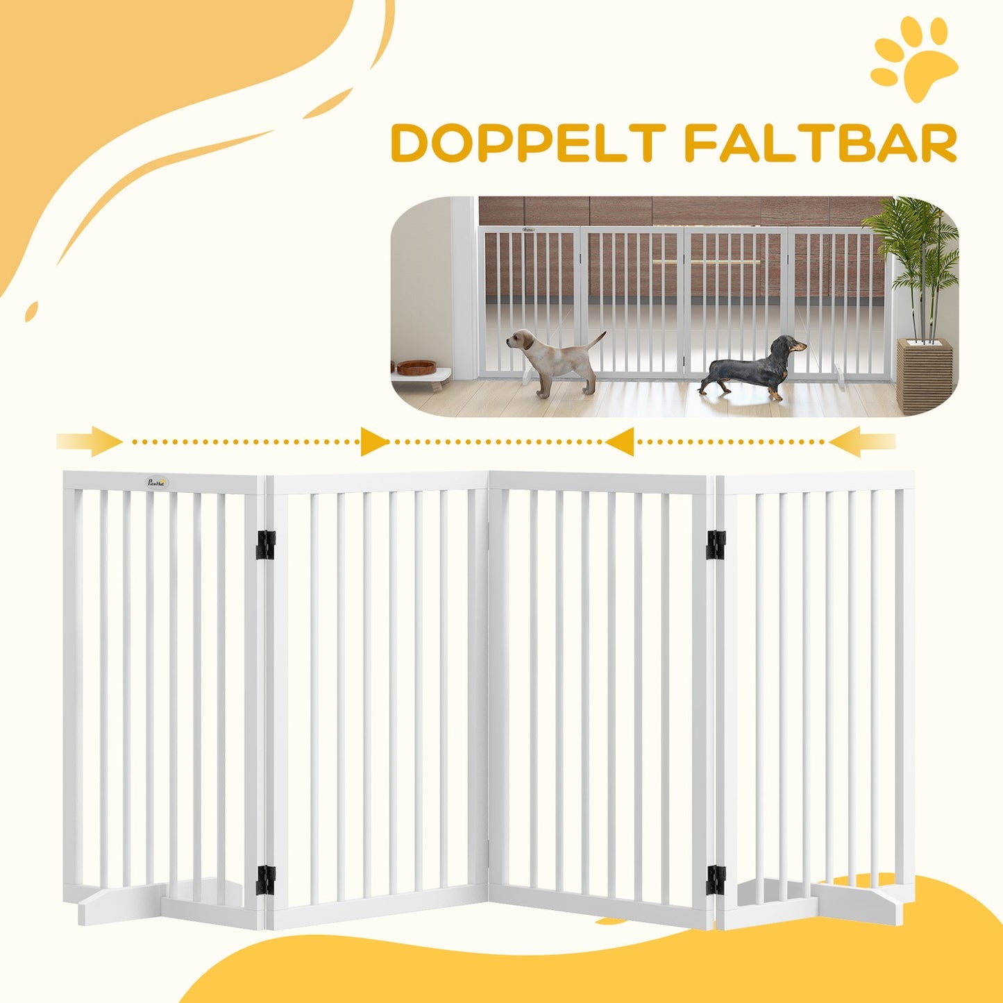 Folding wooden dog gate - 4 panels with support feet