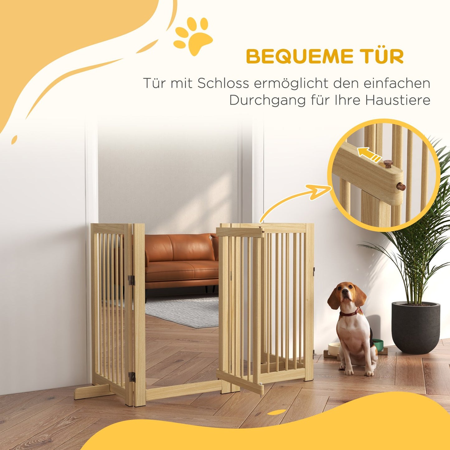 Folding wooden dog gate, 220x91cm, freestanding with door
