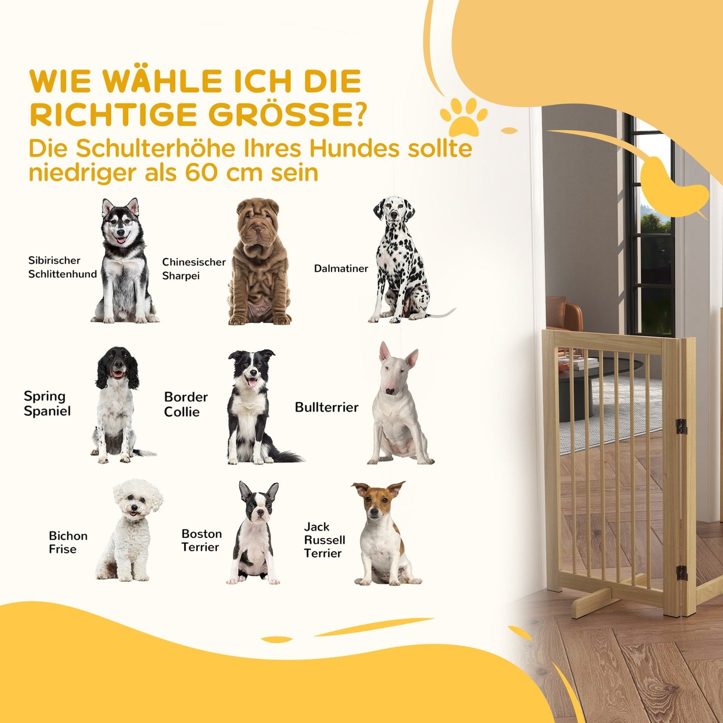 Folding wooden dog gate, 220x91cm, freestanding with door