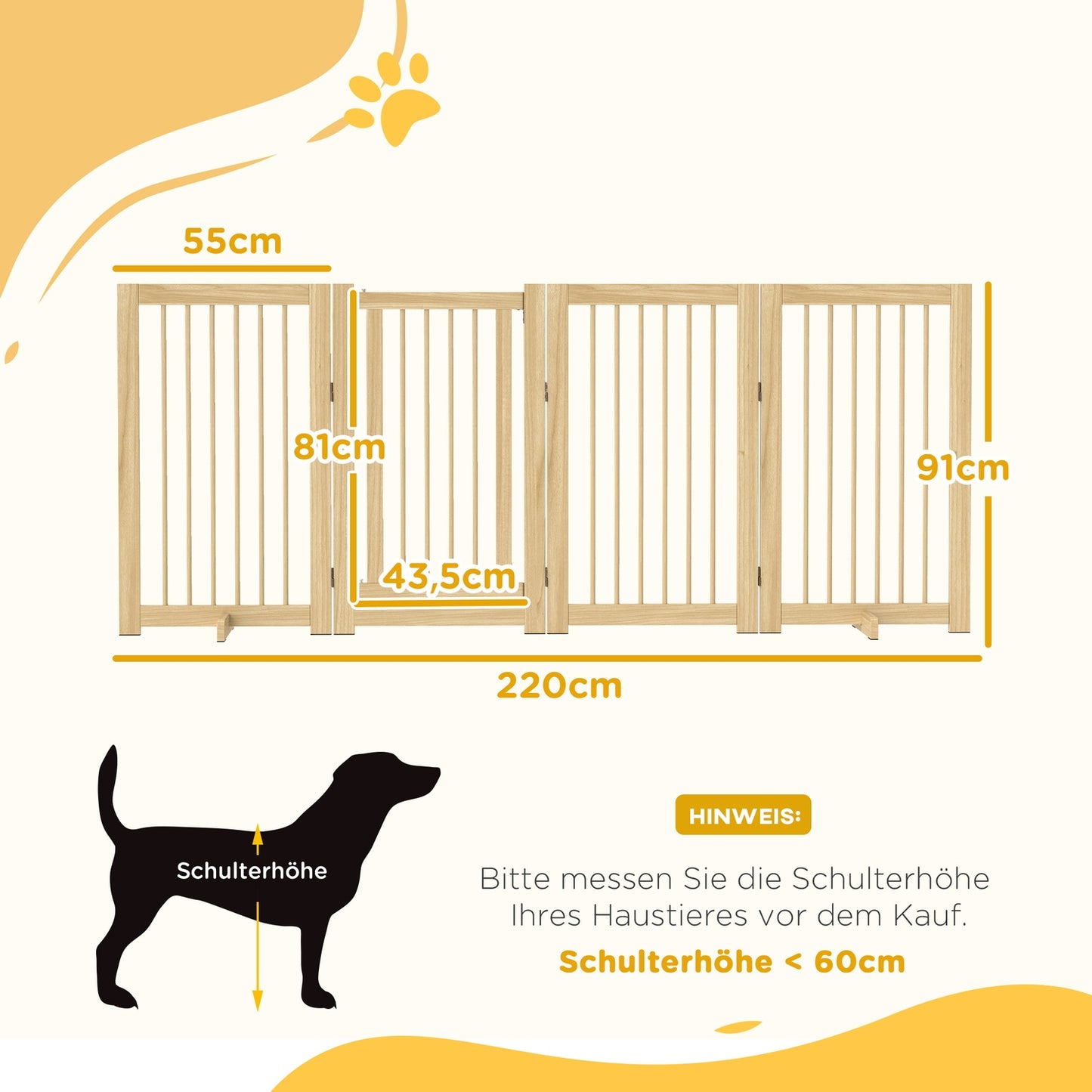 Folding wooden dog gate, 220x91cm, freestanding with door