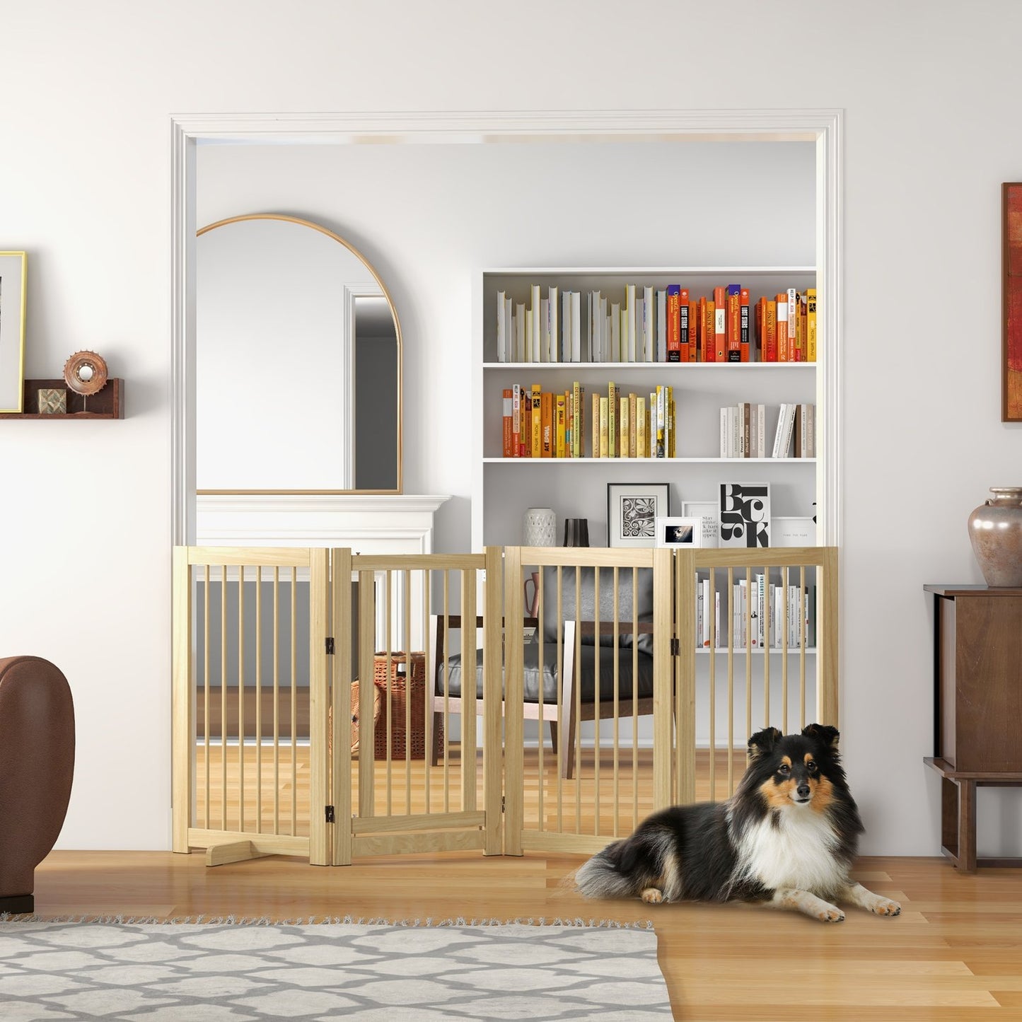 Folding wooden dog gate, 220x91cm, freestanding with door