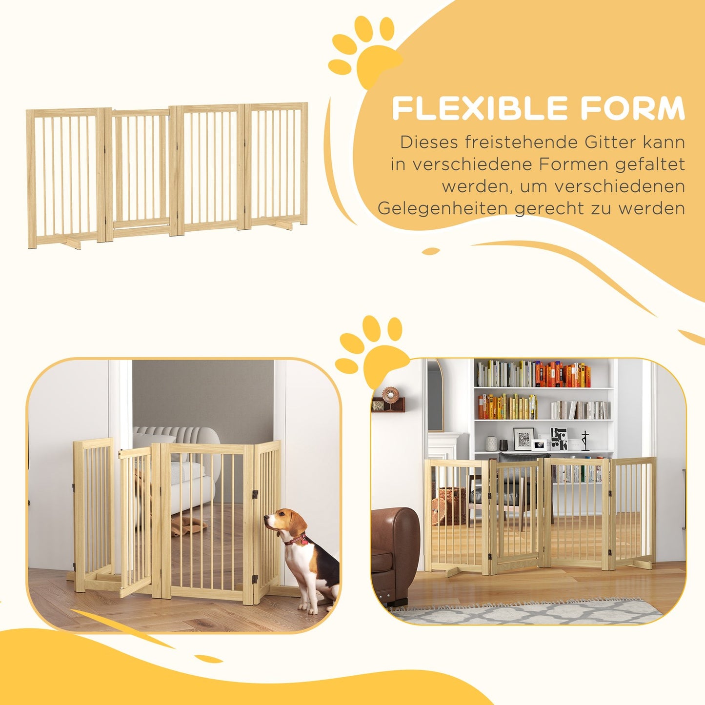 Folding wooden dog gate, 220x91cm, freestanding with door