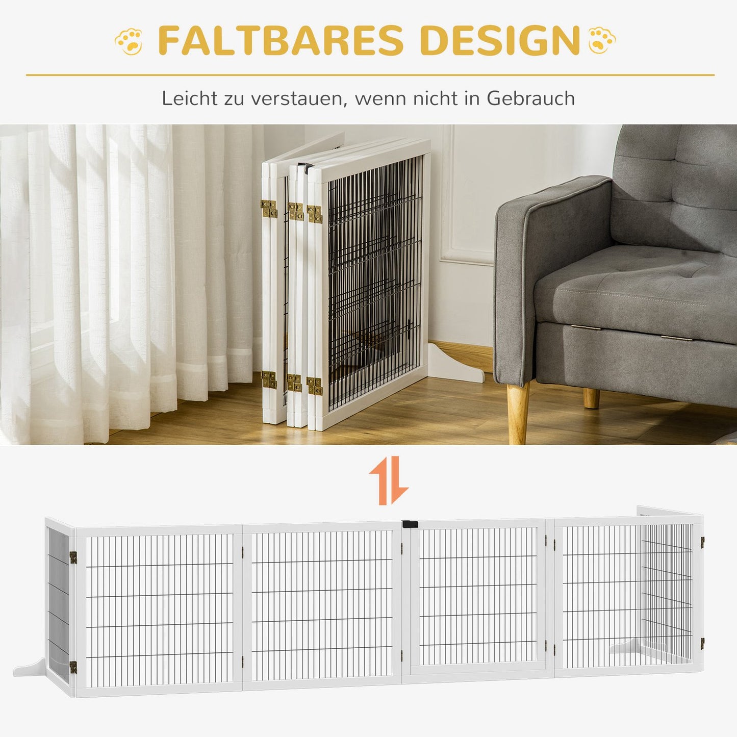 Adjustable wooden dog gate - 6 panels, white, 432 x 70 cm