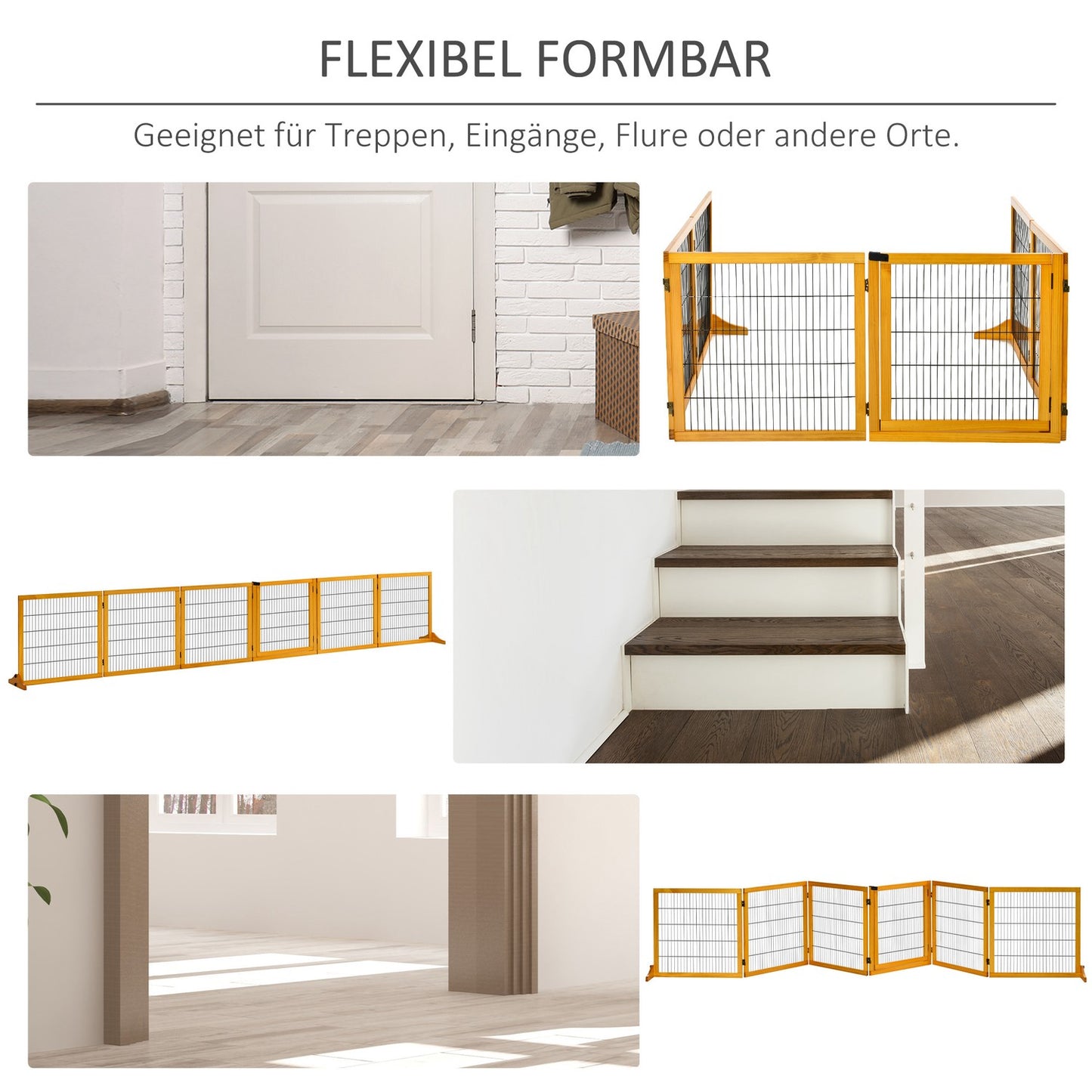 Adjustable Wooden Dog Gate - Collapsible Stair Barrier, 6 Panels