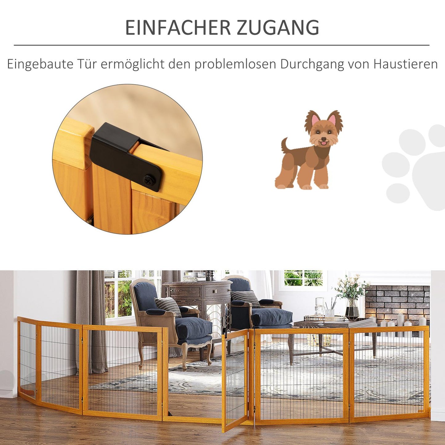 Adjustable Wooden Dog Gate - Collapsible Stair Barrier, 6 Panels