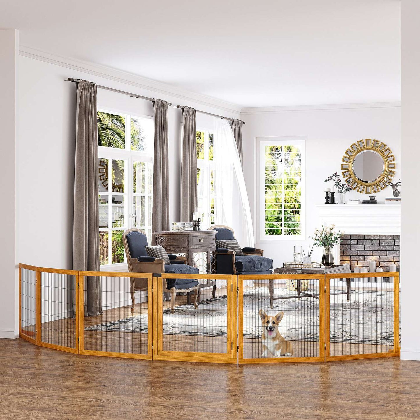 Adjustable Wooden Dog Gate - Collapsible Stair Barrier, 6 Panels