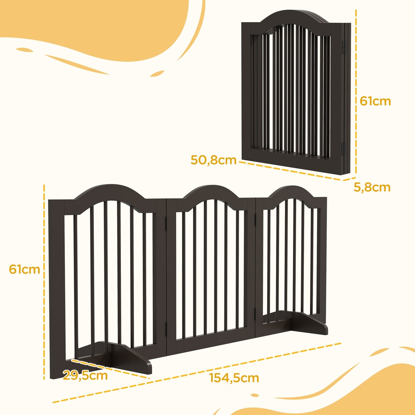 Folding dog gate, coffee brown, 3-panel with feet