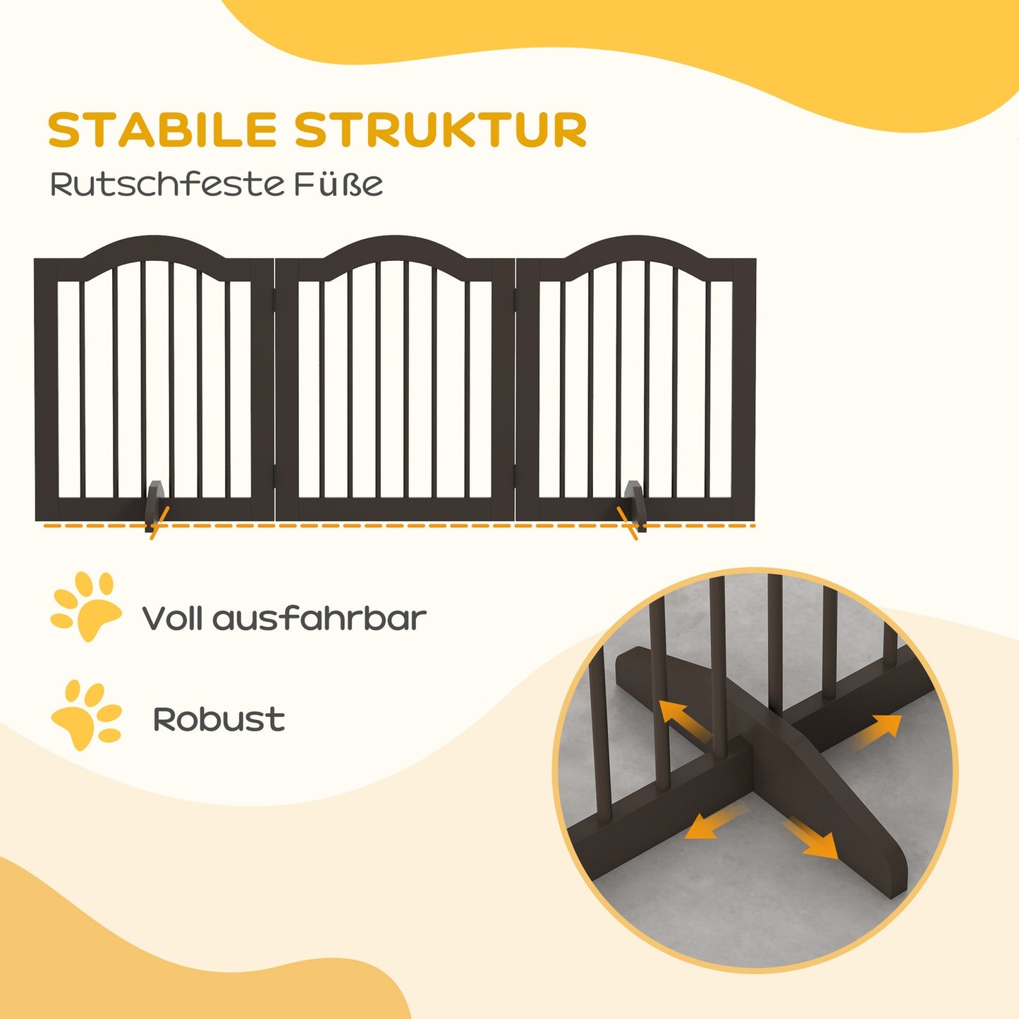 Folding dog gate, coffee brown, 3-panel with feet