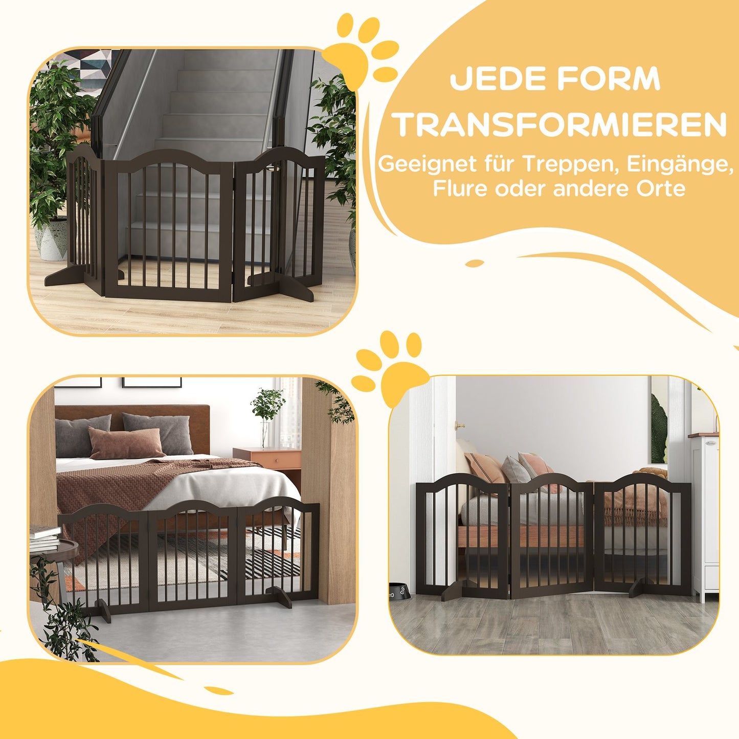 Folding dog gate, coffee brown, 3-panel with feet