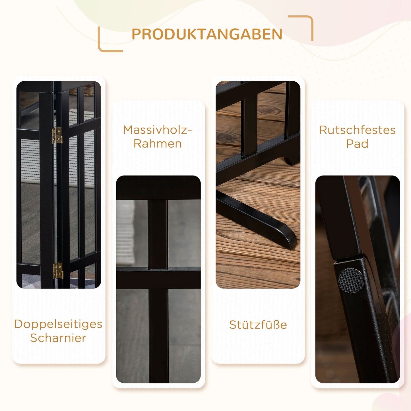 Folding wooden dog gate with rubber feet, 181x35x76 cm