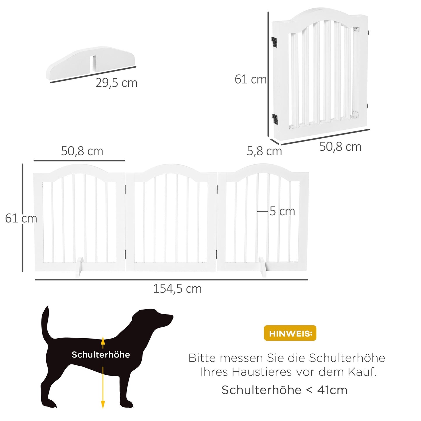 Dog Gate Barrier, Stable 3-Panel MDF, Foldable, White