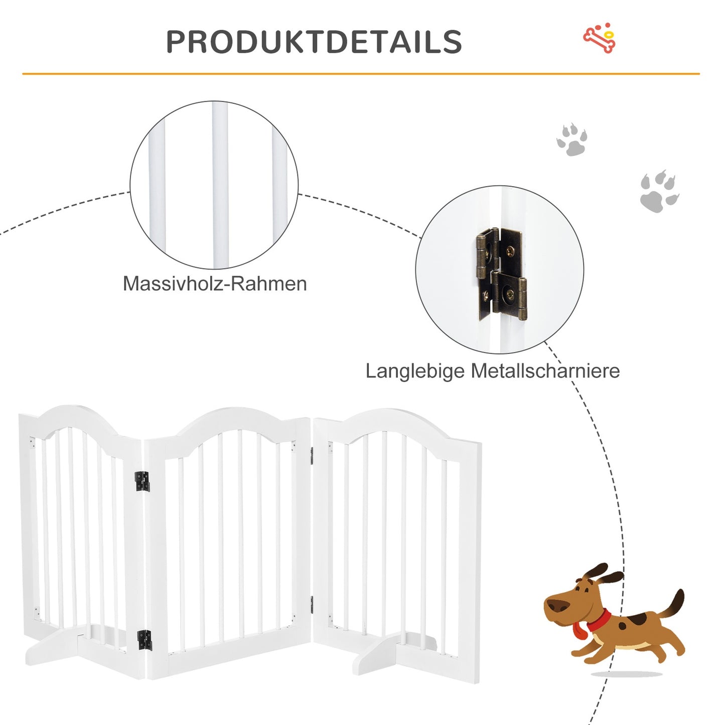 Dog Gate Barrier, Stable 3-Panel MDF, Foldable, White