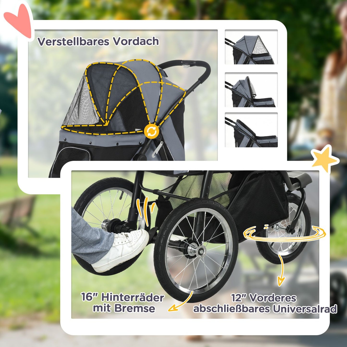 Collapsible pet stroller with reflectors, mesh and sun protection