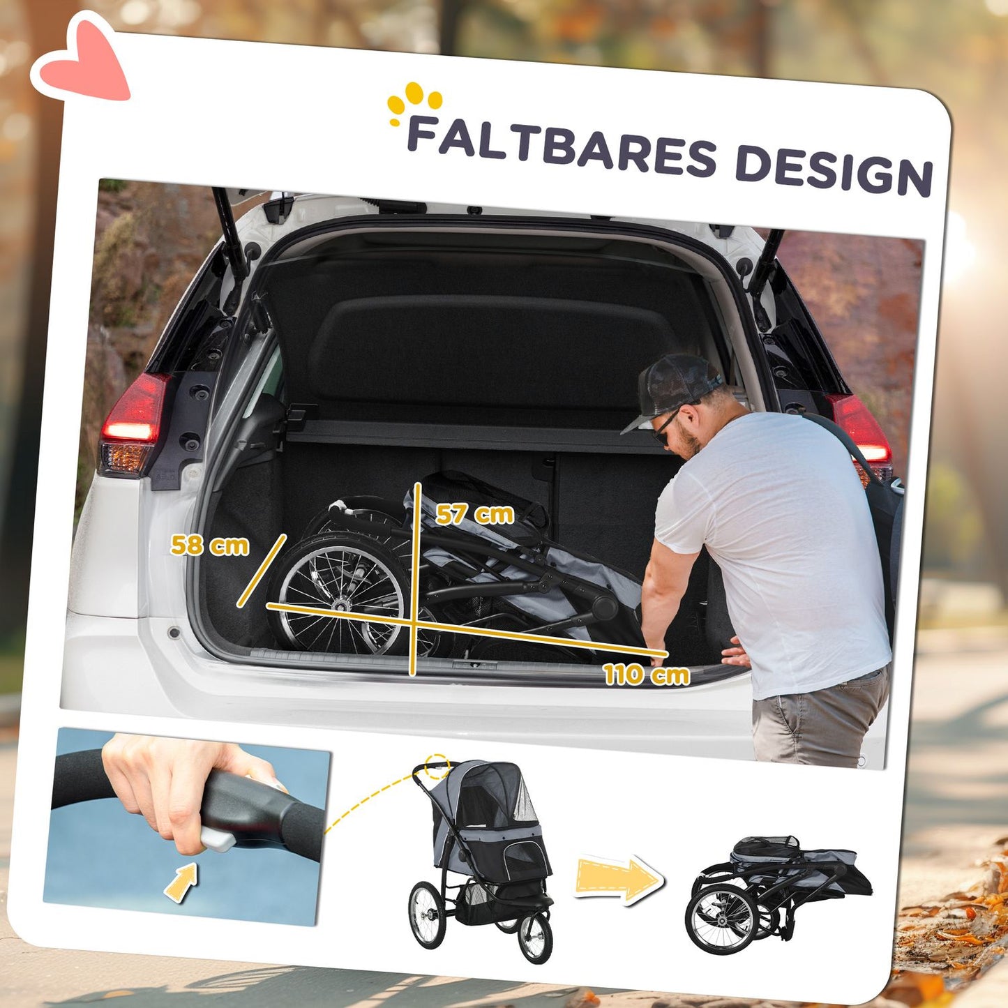 Collapsible pet stroller with reflectors, mesh and sun protection
