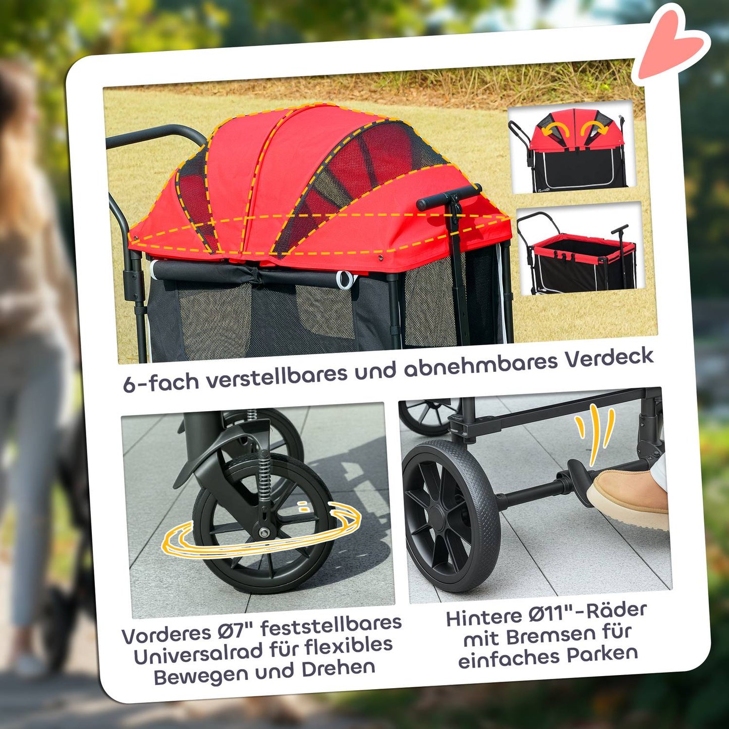 Dog buggy foldable for dogs & cats up to 30 kg 110 x 65 x 102 cm red