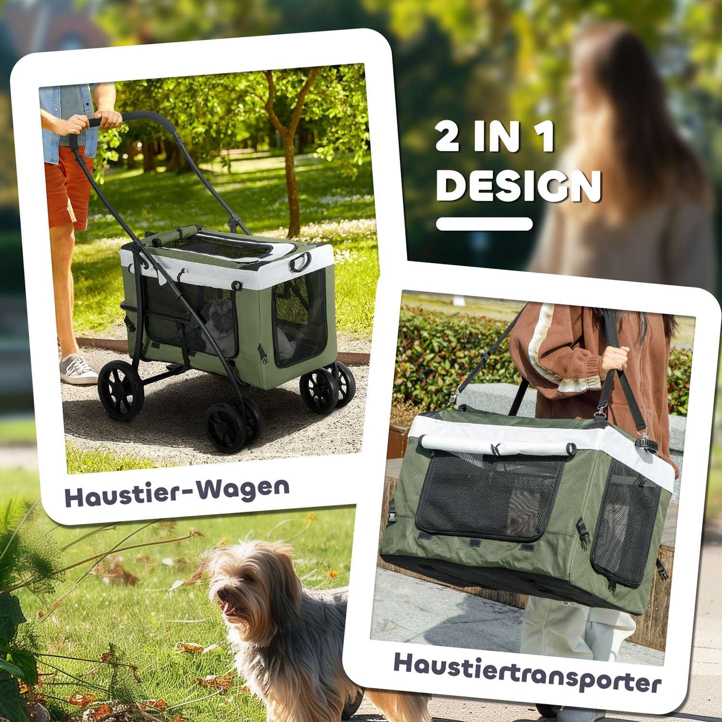 Dog buggy, pet buggy, dog cart, foldable, removable basket, 81 x 58 x 97.5 cm, black + dark green + white