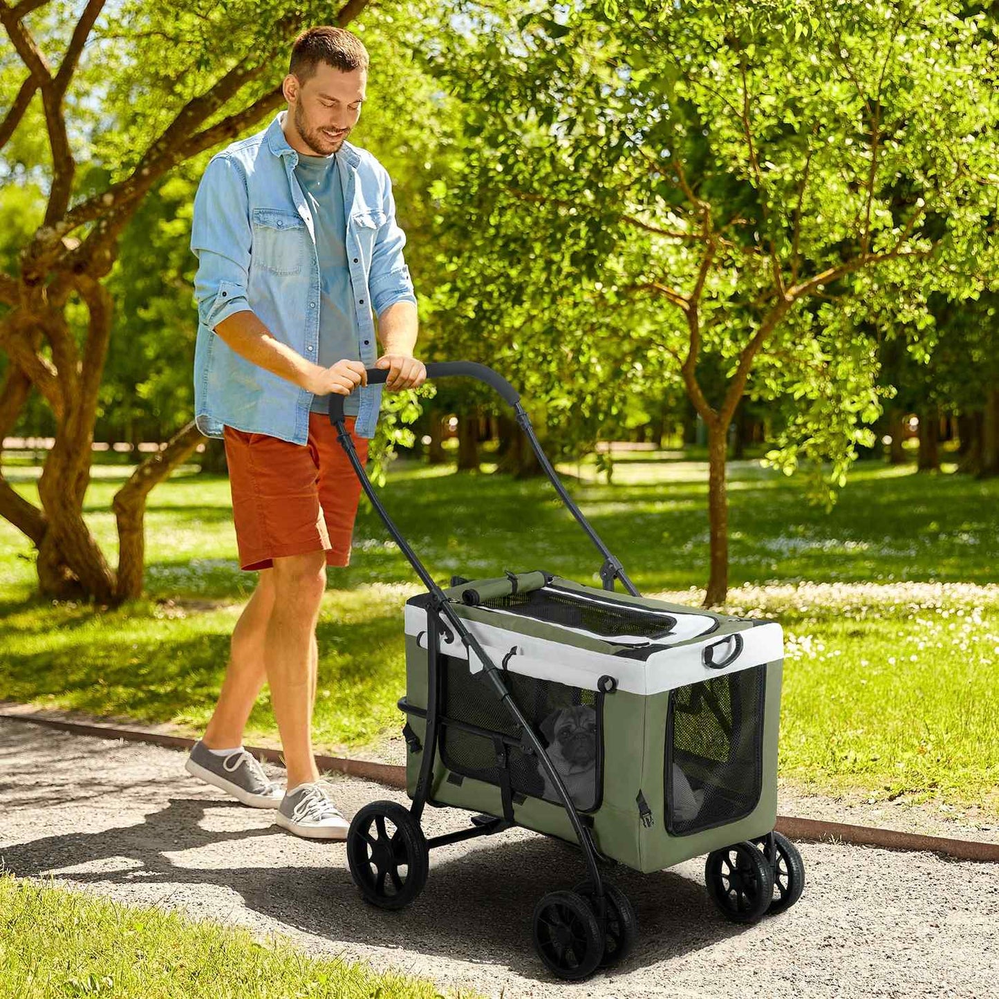 Dog buggy, pet buggy, dog cart, foldable, removable basket, 81 x 58 x 97.5 cm, black + dark green + white