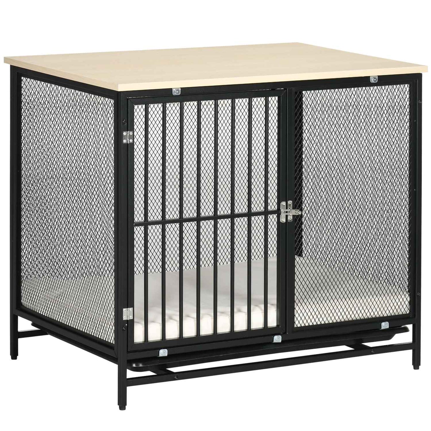 Dog cage with cushion, pull-out tray, oak & black, 80x55x71 cm
