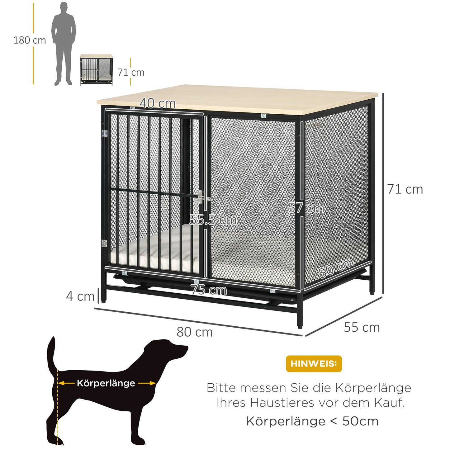 Dog cage with cushion, pull-out tray, oak & black, 80x55x71 cm