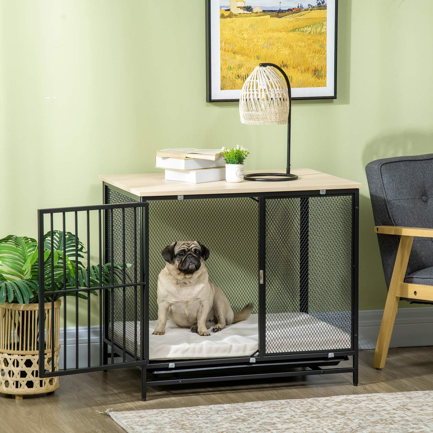 Dog cage with cushion, pull-out tray, oak & black, 80x55x71 cm