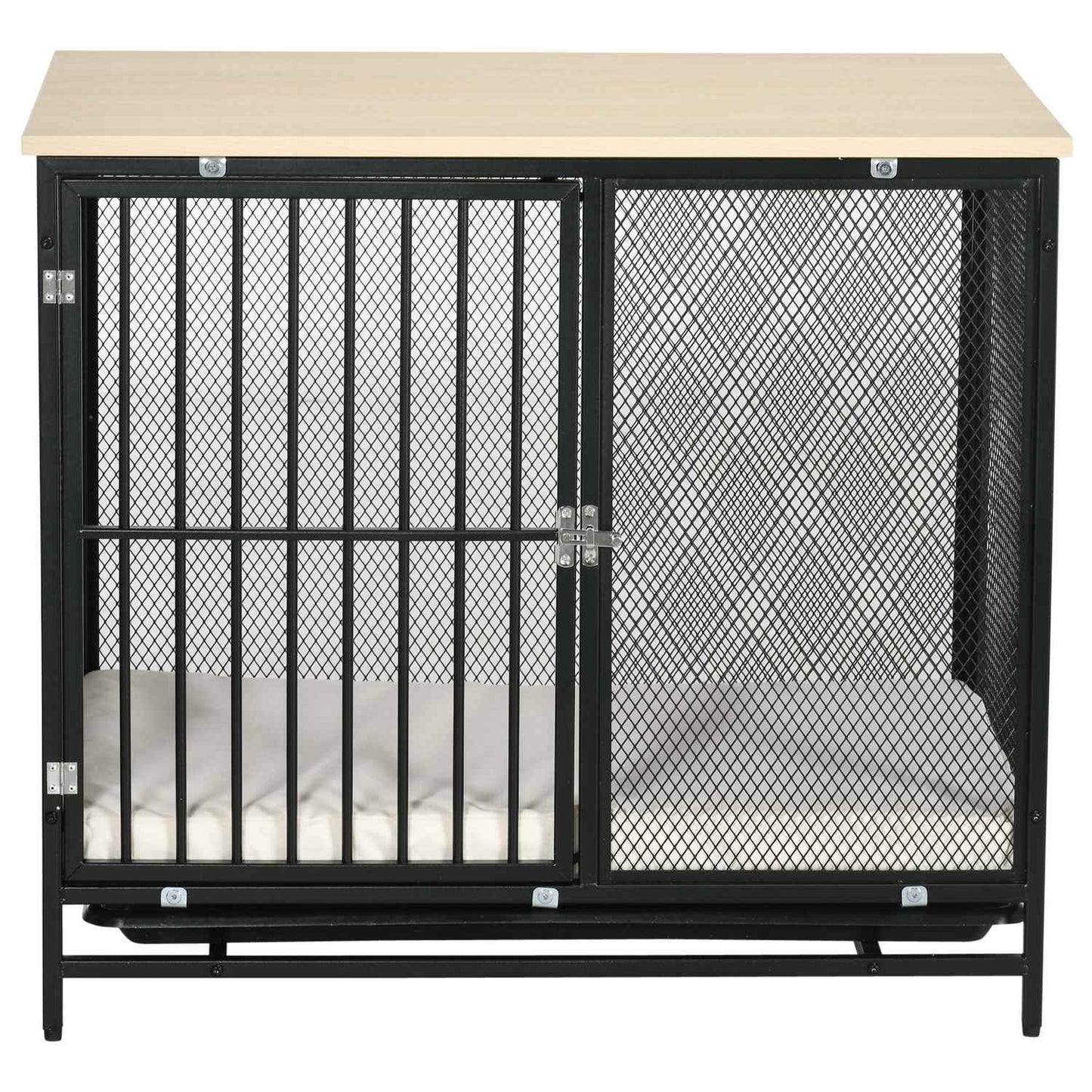 Dog cage with cushion, pull-out tray, oak & black, 80x55x71 cm