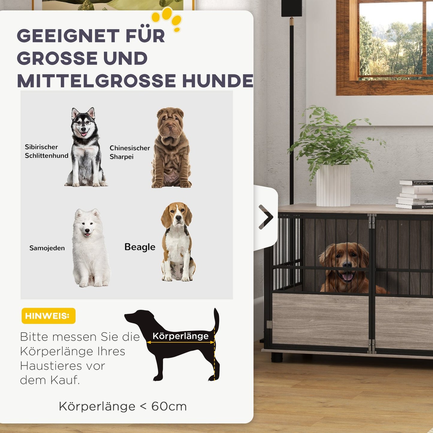 Large dog house, non-slip dog cage, walnut, 100x60x68cm