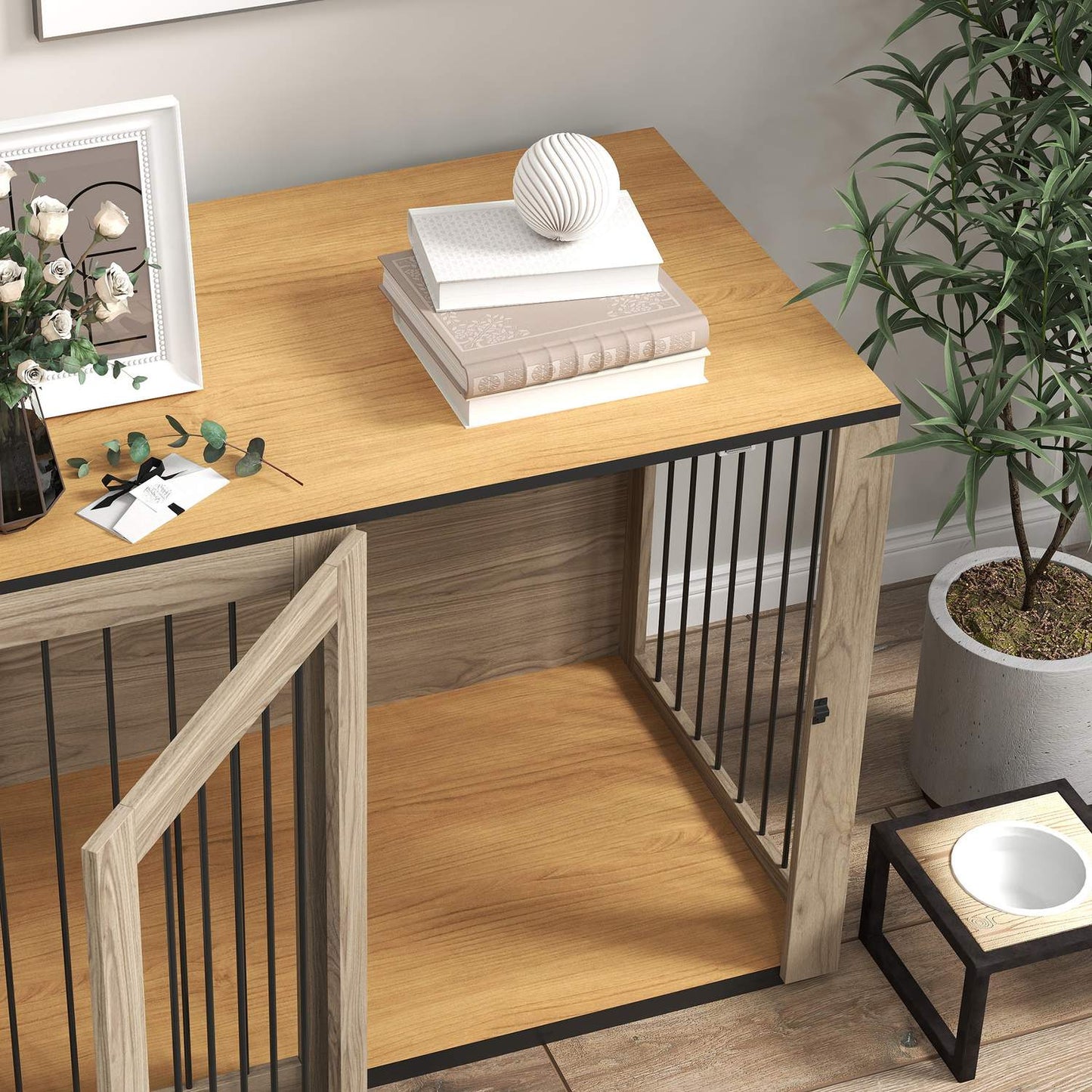 Large side table for dog cage, steel & wood, 106 x 60 x 76 cm