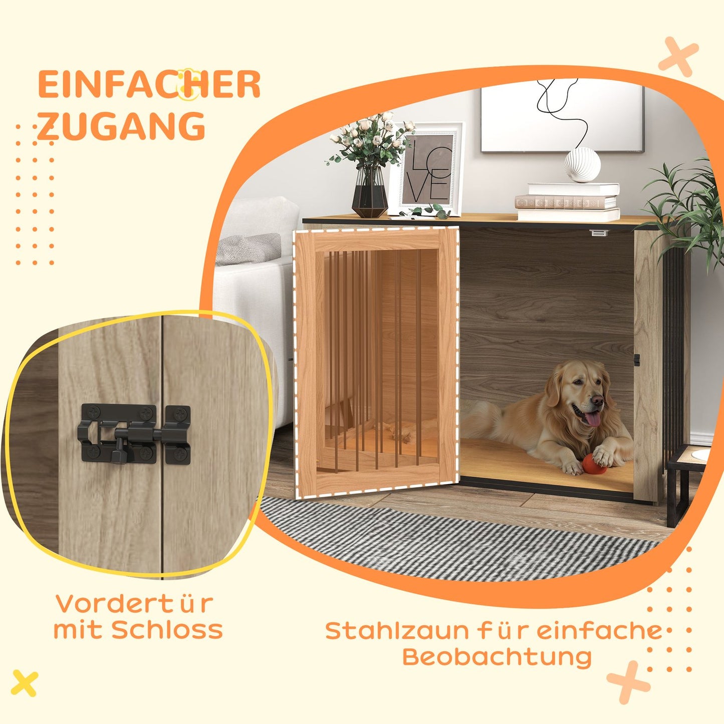 Large side table for dog cage, steel & wood, 106 x 60 x 76 cm