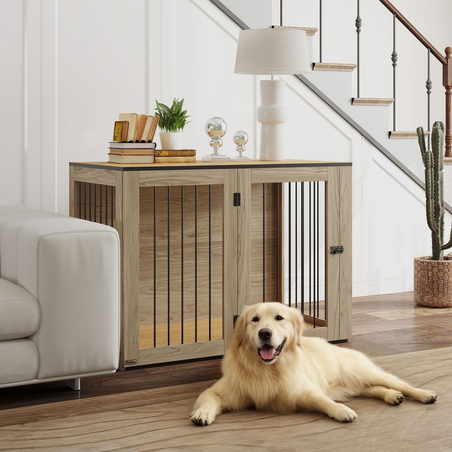Large side table for dog cage, steel & wood, 106 x 60 x 76 cm