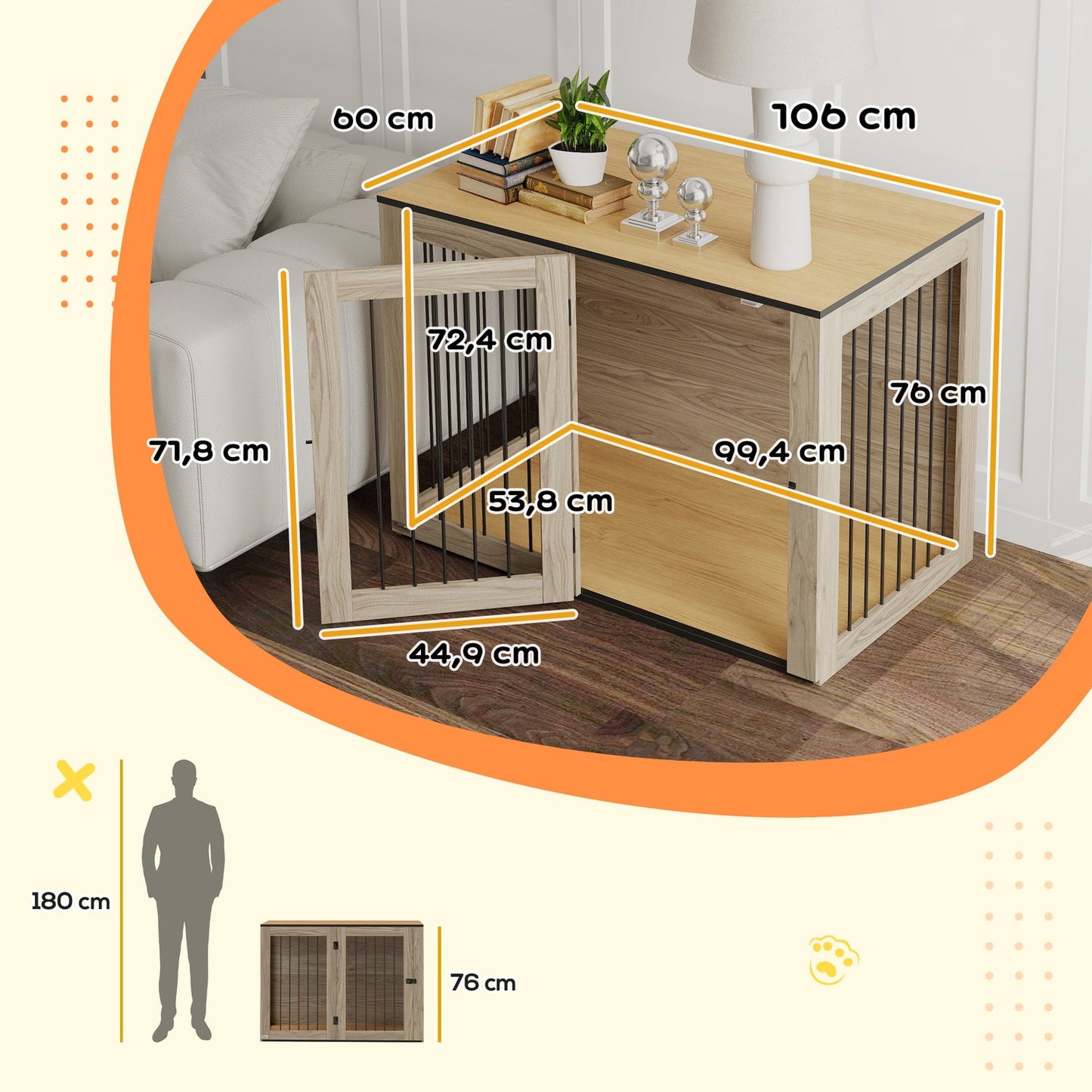 Large side table for dog cage, steel & wood, 106 x 60 x 76 cm