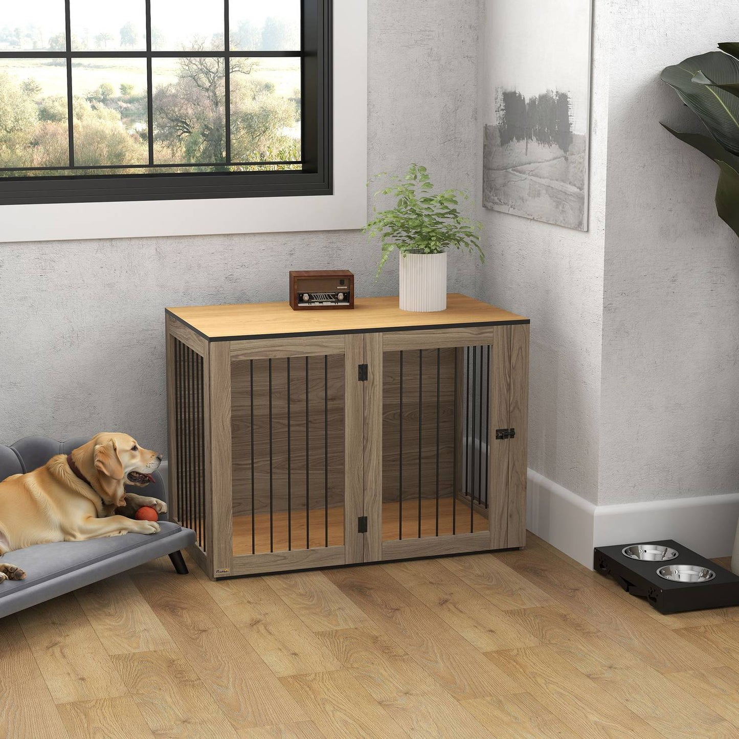 Large side table for dog cage, steel & wood, 106 x 60 x 76 cm
