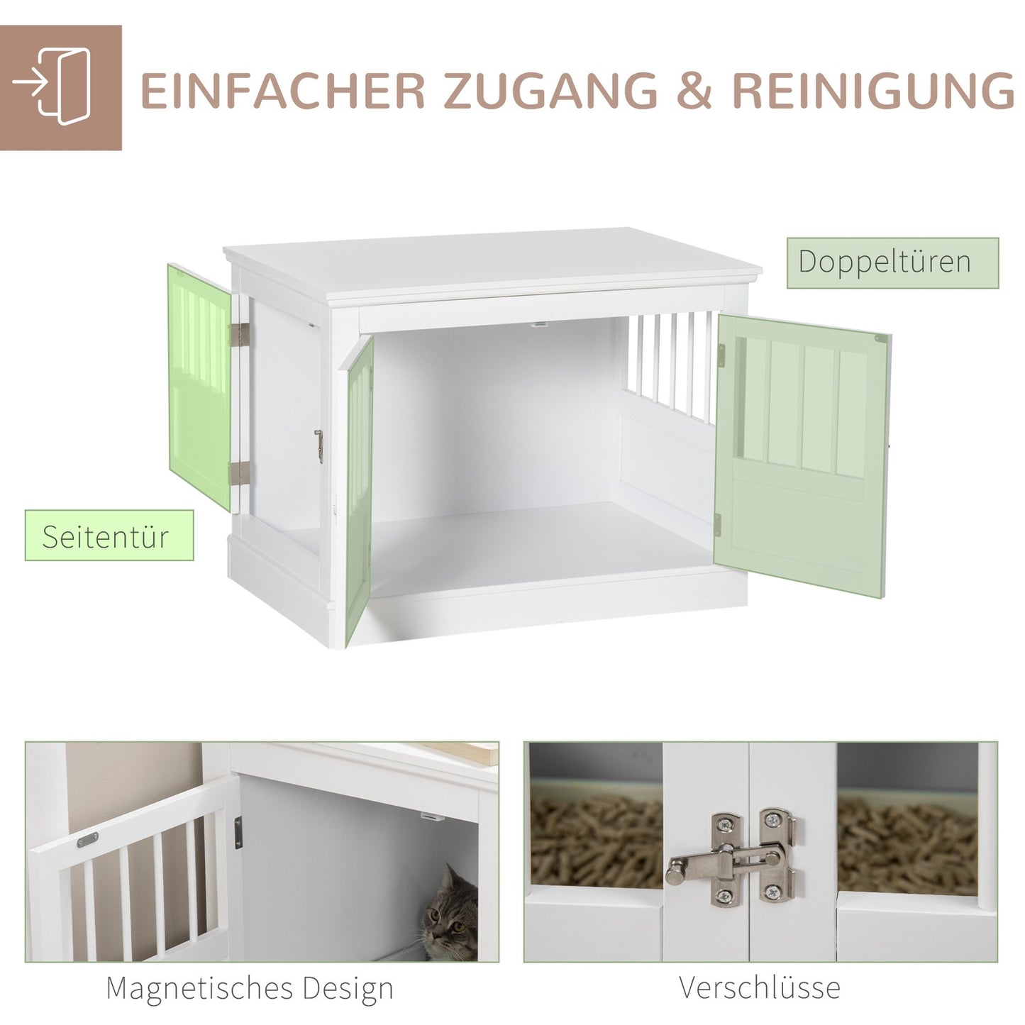 Dog cage, furniture with 3 doors, dog house, dog box for home, 78 x 53 x 59.3 cm, white