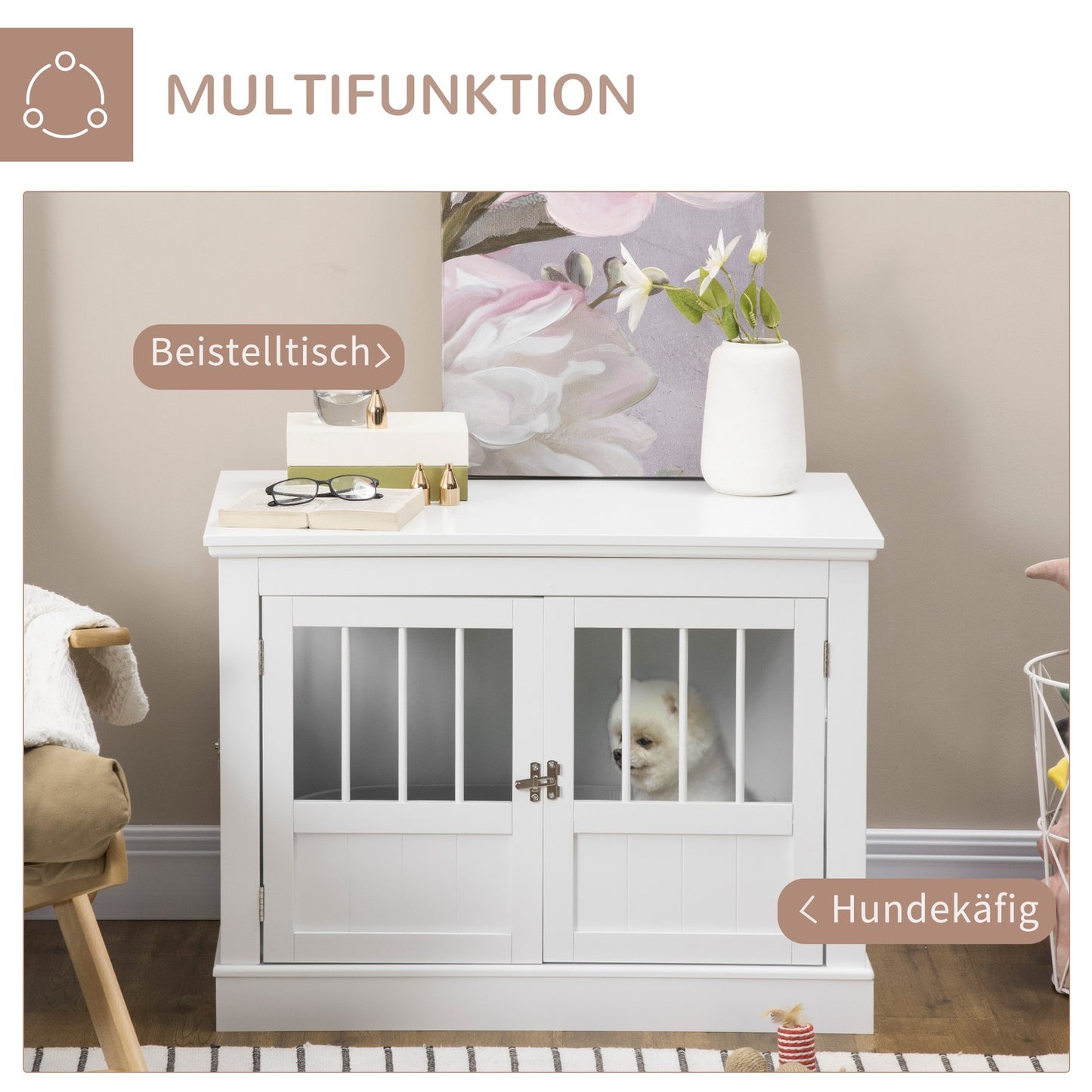 Dog cage, furniture with 3 doors, dog house, dog box for home, 78 x 53 x 59.3 cm, white