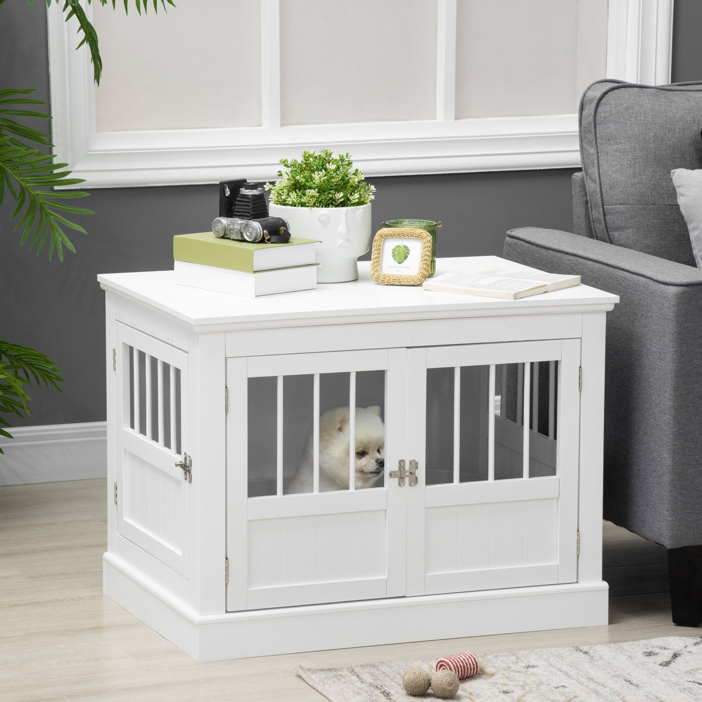 Dog cage, furniture with 3 doors, dog house, dog box for home, 78 x 53 x 59.3 cm, white