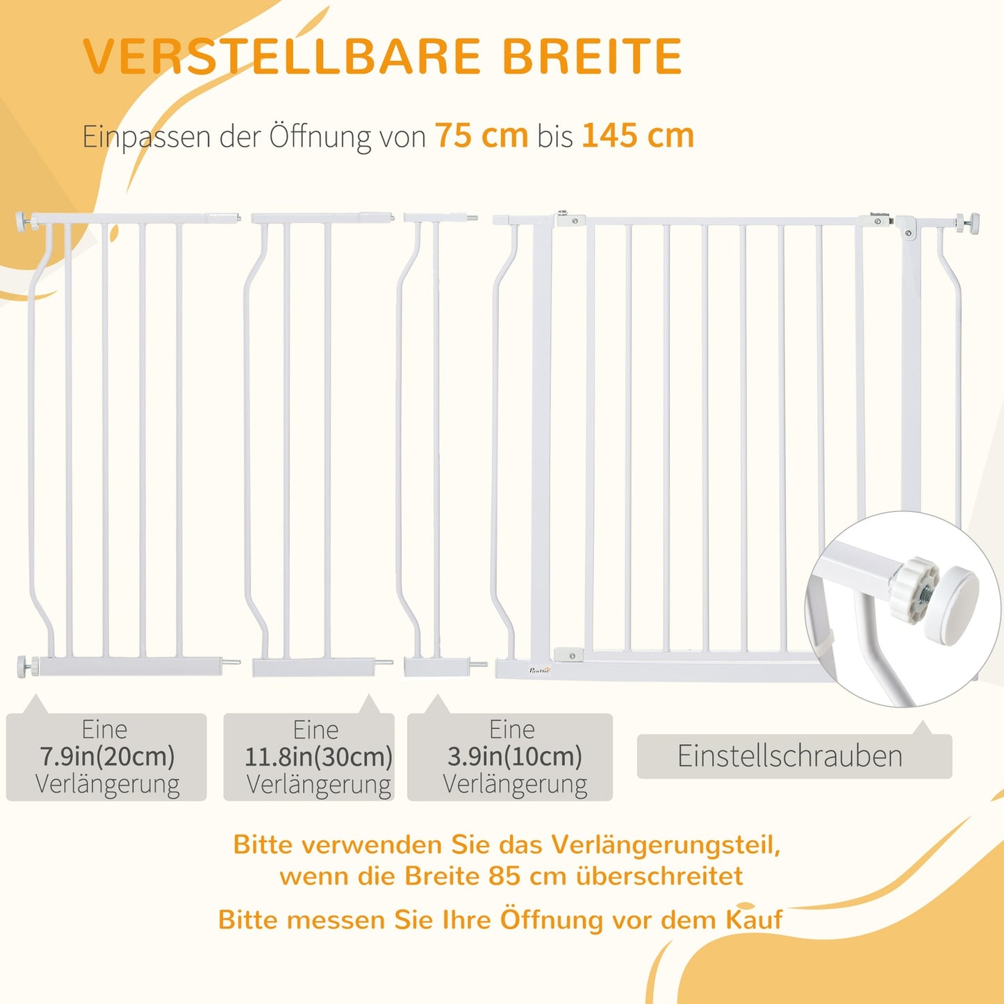 Adjustable dog gate, drill-free installation, two-way opening, 75-145 cm