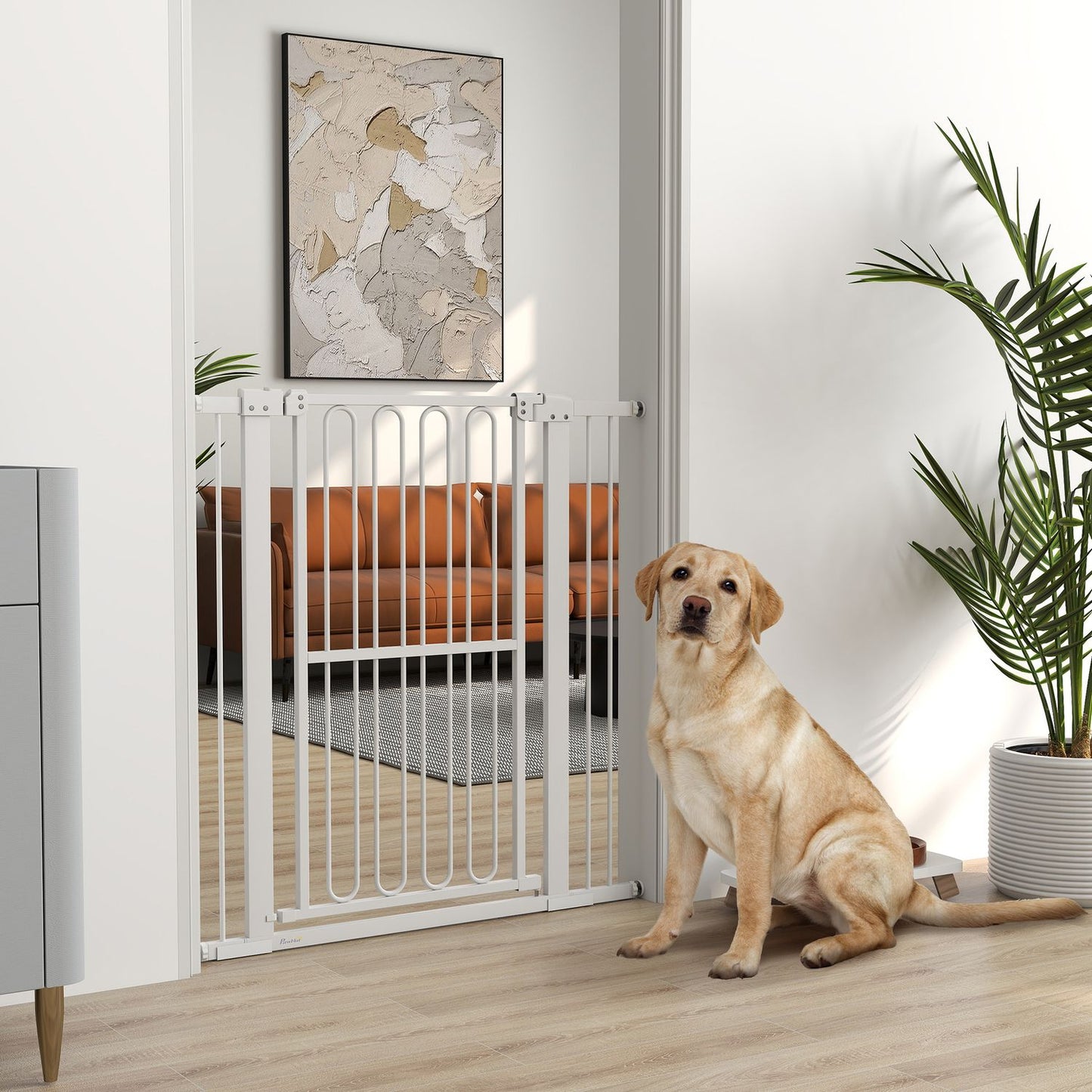 Dog protection gate in white steel - 76-104 cm, no drilling installation