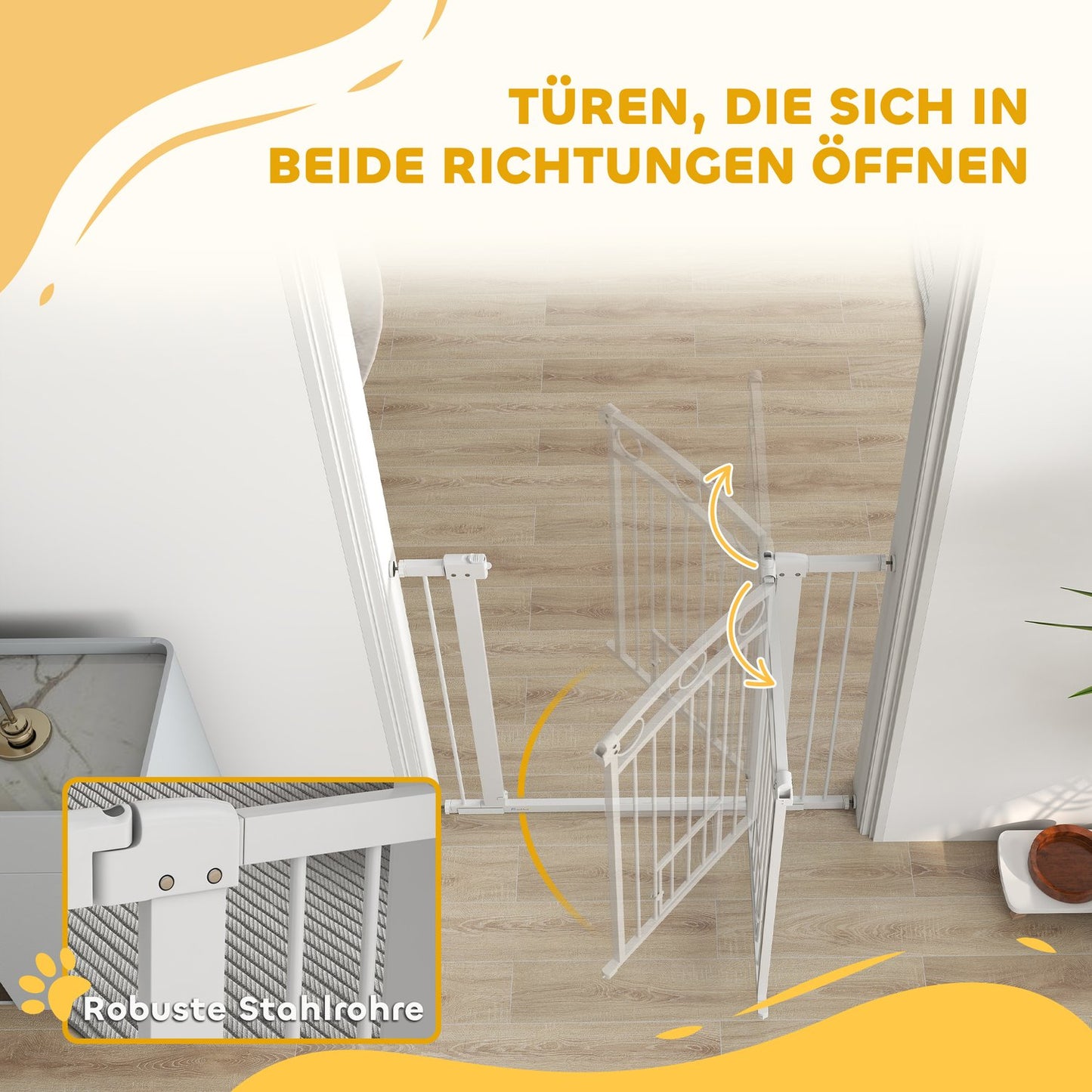 White steel protective gate for dogs and cats, 76-104 cm, no drill installation