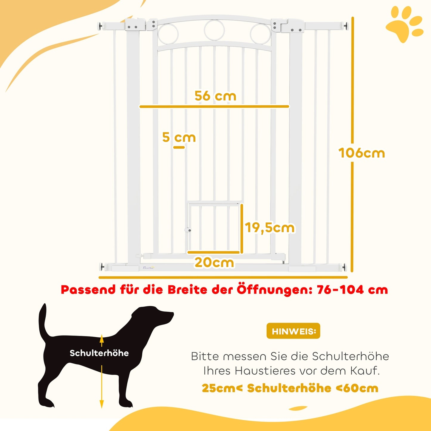 White steel protective gate for dogs and cats, 76-104 cm, no drill installation