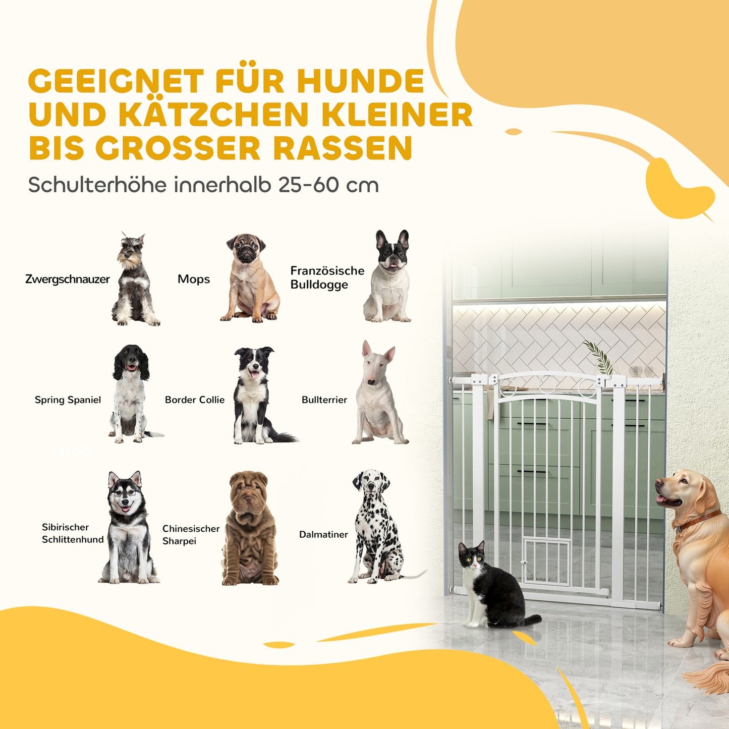 White steel protective gate for dogs and cats, 76-104 cm, no drill installation