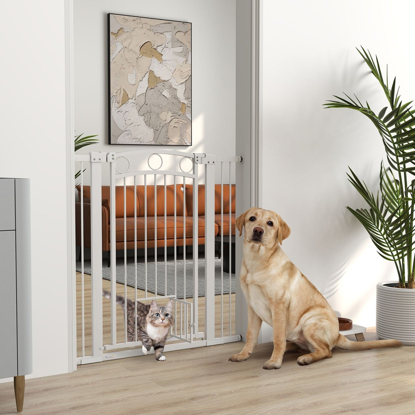 White steel protective gate for dogs and cats, 76-104 cm, no drill installation