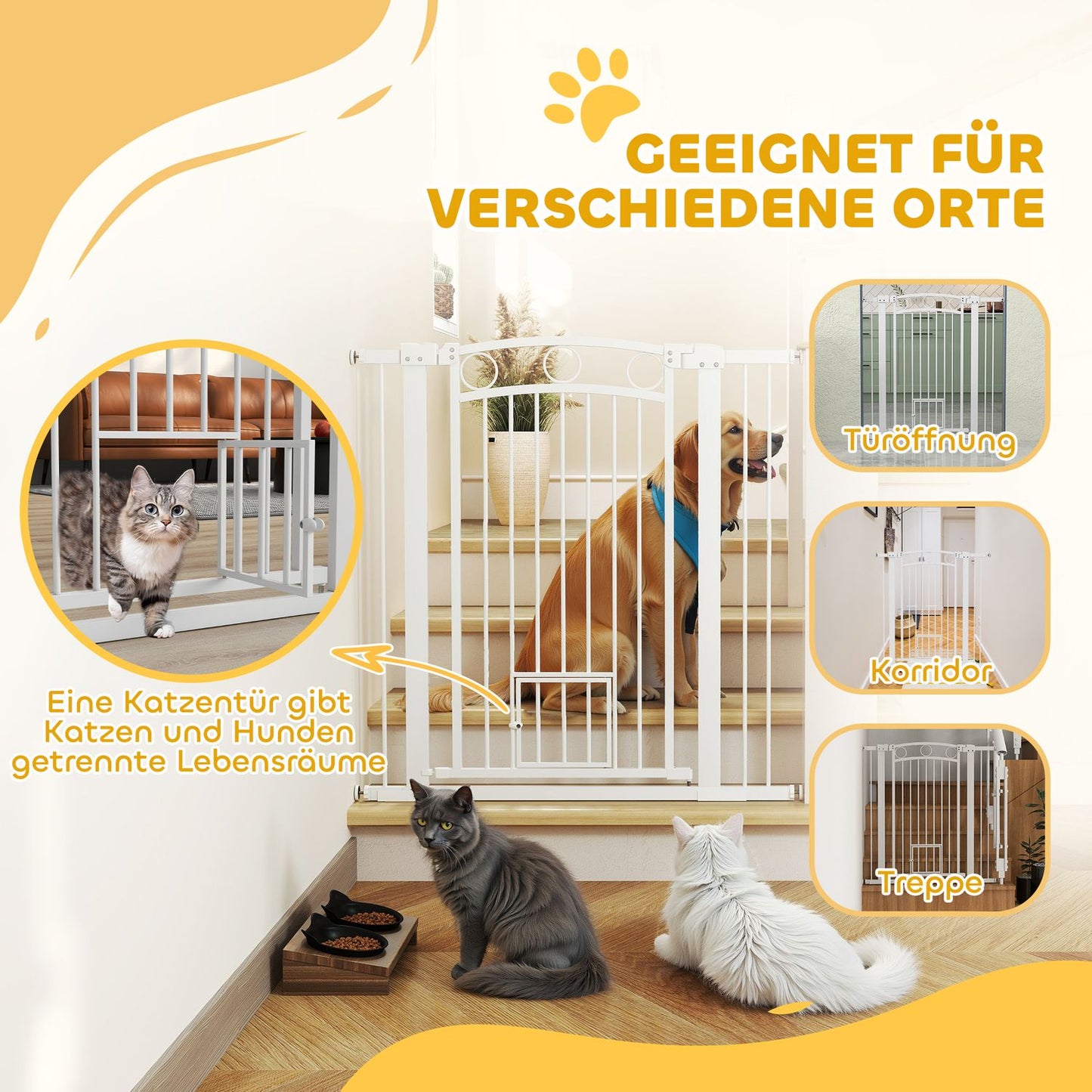 White steel protective gate for dogs and cats, 76-104 cm, no drill installation