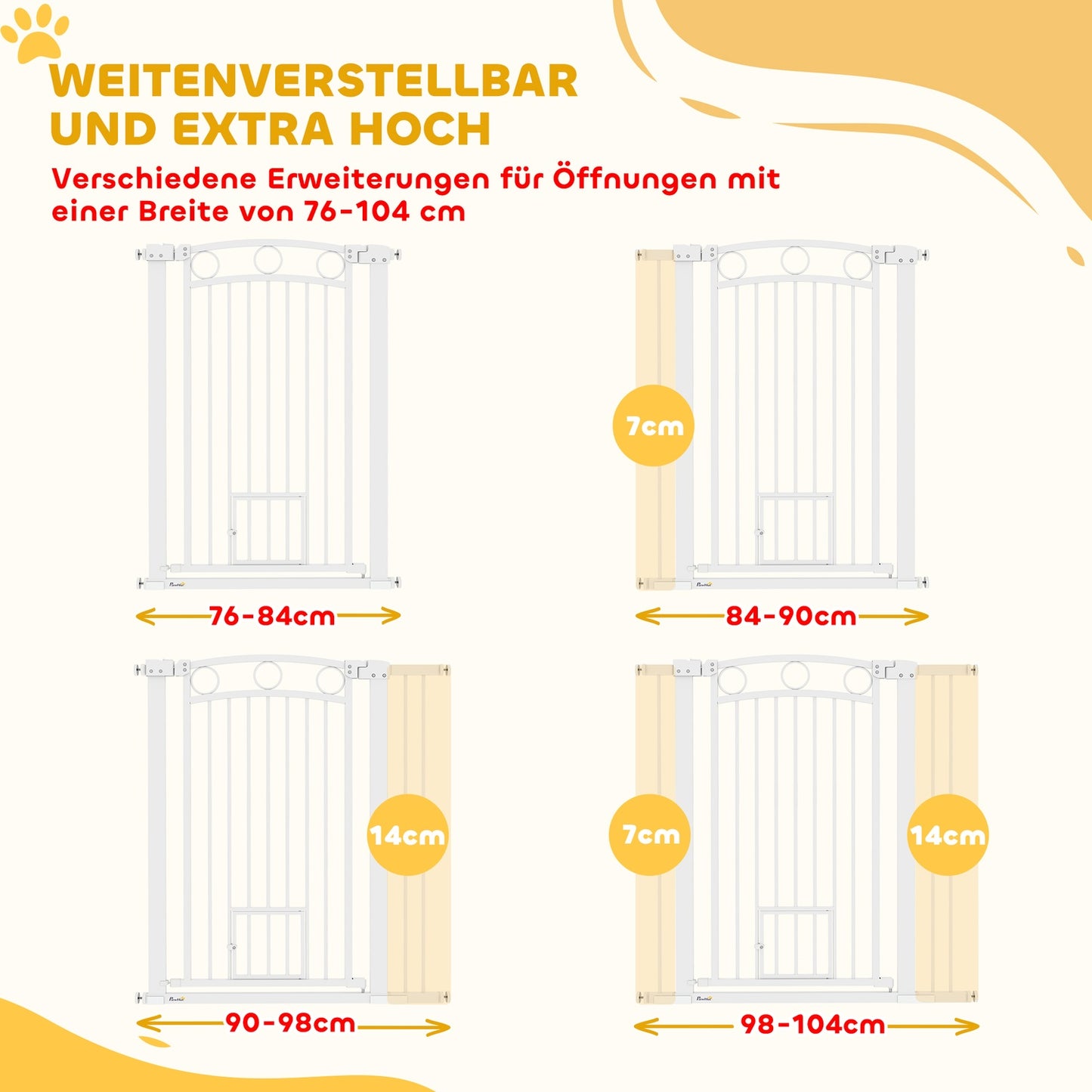 White steel protective gate for dogs and cats, 76-104 cm, no drill installation