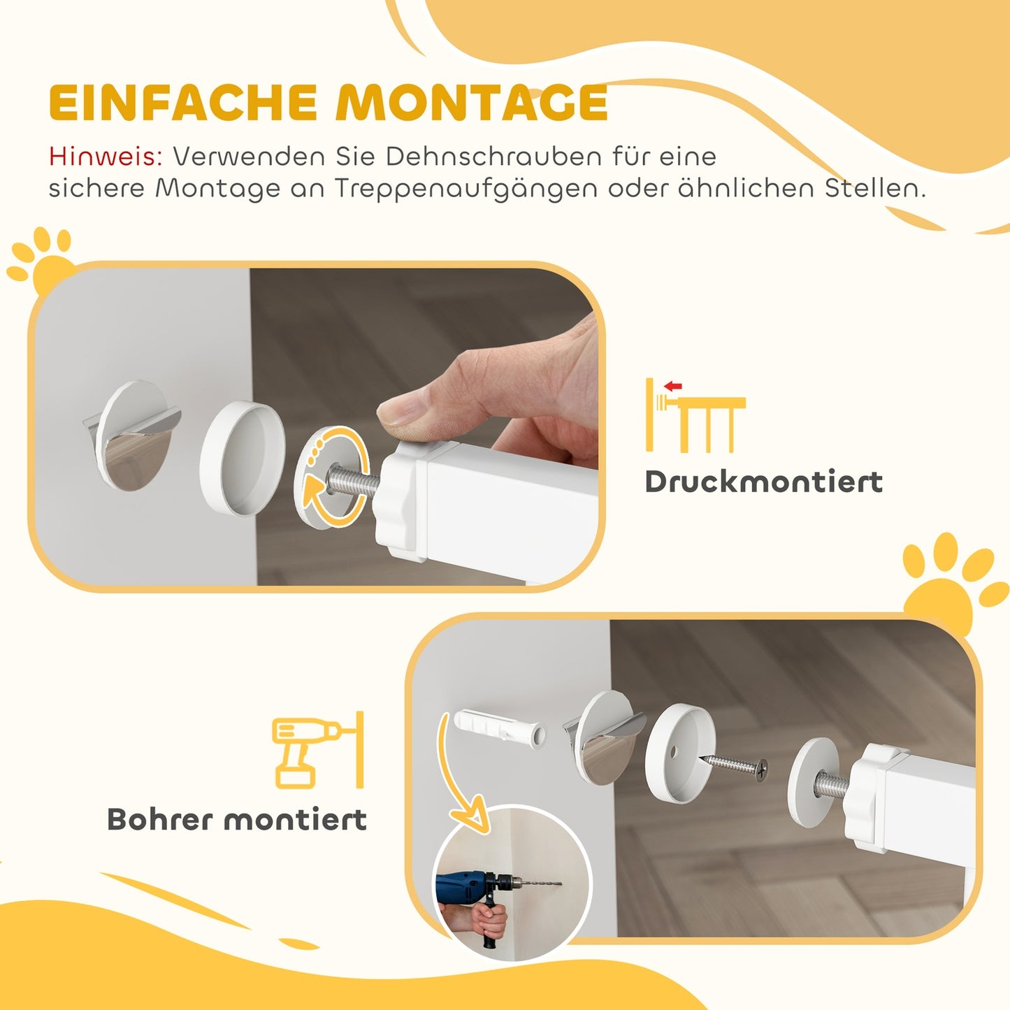 White steel protective gate for dogs and cats, 76-104 cm, no drill installation