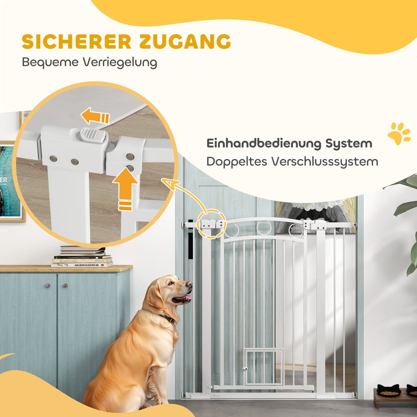 White steel protective gate for dogs and cats, 76-104 cm, no drill installation
